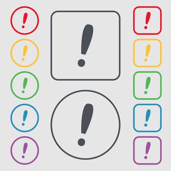 Exclamation mark sign icon. Attention speech bubble symbol. Symbols on the Round and square buttons with frame. illustration