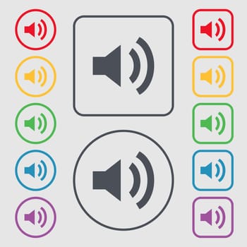 Speaker volume sign icon. Sound symbol. Symbols on the Round and square buttons with frame. illustration