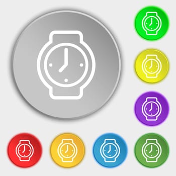 watches icon sign. Symbol on eight flat buttons. illustration