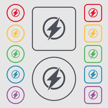 Photo flash sign icon. Lightning symbol. Symbols on the Round and square buttons with frame. illustration