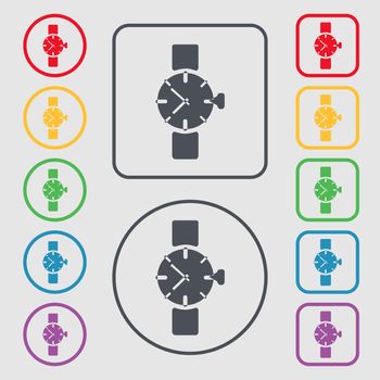 watches icon symbol . Symbols on the Round and square buttons with frame. illustration