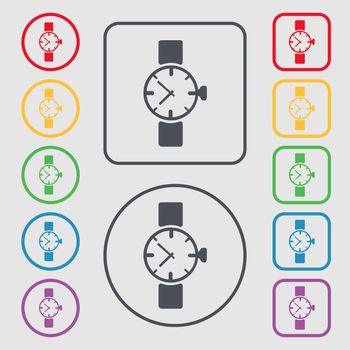 watches icon symbol . Symbols on the Round and square buttons with frame. illustration