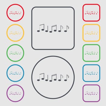 Music note sign icon. Musical symbol. Symbols on the Round and square buttons with frame. illustration