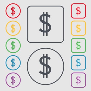 Dollars sign icon. USD currency symbol. Money label. Set of colored buttons. illustration