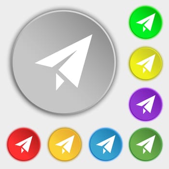Paper airplane icon sign. Symbol on eight flat buttons. illustration
