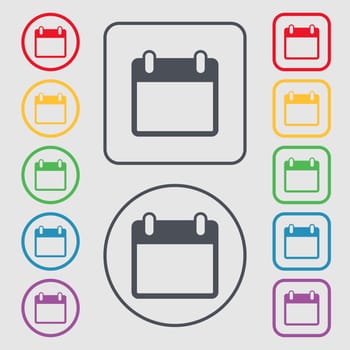 Calendar sign icon. days month symbol. Date button. Symbols on the Round and square buttons with frame. illustration