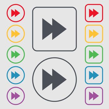multimedia sign icon. Player navigation symbol. Symbols on the Round and square buttons with frame. illustration