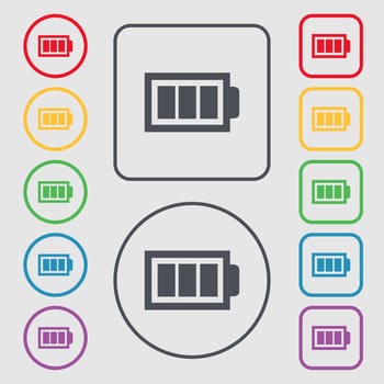 Battery fully charged sign icon. Electricity symbol. Symbols on the Round and square buttons with frame. illustration