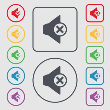 Mute speaker sign icon. Sound symbol.. Symbols on the Round and square buttons with frame. illustration