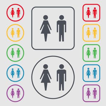 WC sign icon. Toilet symbol. Male and Female toilet. Symbols on the Round and square buttons with frame. illustration