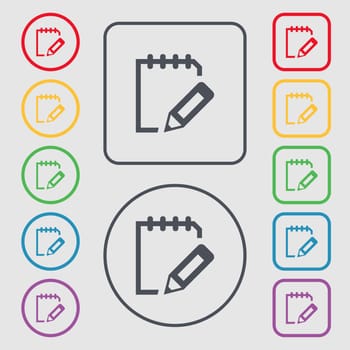 Edit document sign icon. Symbols on the Round and square buttons with frame. illustration