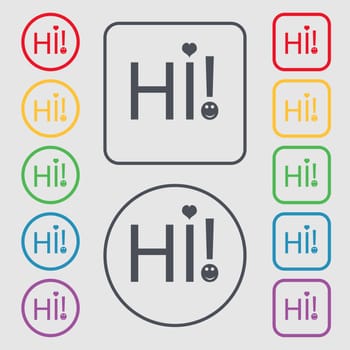 HI sign icon. India translation symbol. Set of colored buttons. illustration