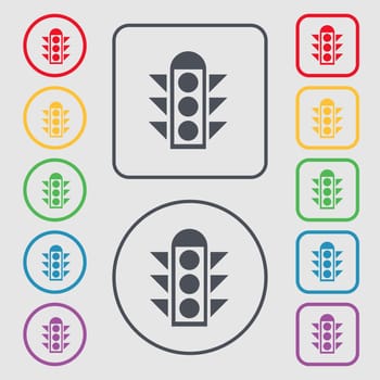 Traffic light signal icon sign. symbol on the Round and square buttons with frame. illustration