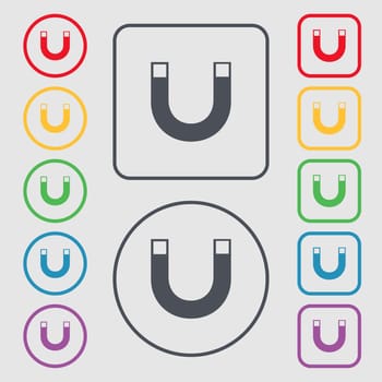 magnet sign icon. horseshoe it symbol. Repair sig. Symbols on the Round and square buttons with frame. illustration