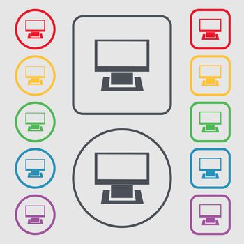 Computer widescreen monitor sign icon. Symbols on the Round and square buttons with frame. illustration