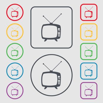 Retro TV mode sign icon. Television set symbol. Symbols on the Round and square buttons with frame. illustration