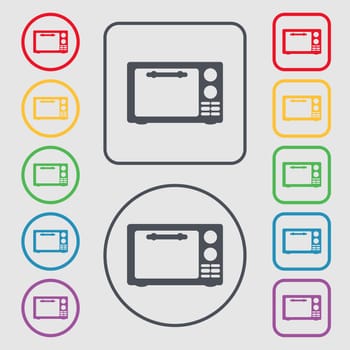 Microwave oven sign icon. Kitchen electric stove symbol. Symbols on the Round and square buttons with frame. illustration