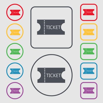 ticket icon sign. symbol on the Round and square buttons with frame. illustration