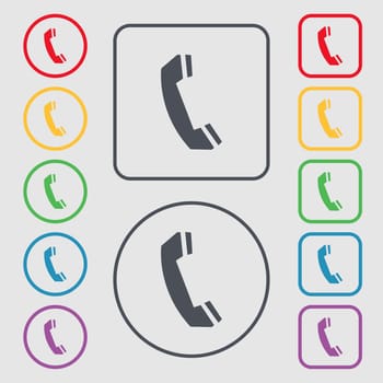 Phone sign icon. Support symbol. Call center. Symbols on the Round and square buttons with frame. illustration