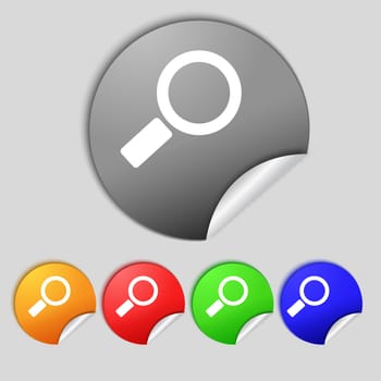 Magnifier glass sign icon. Zoom tool button. Navigation search symbol. Set colourful buttons illustration