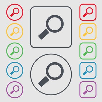 Magnifier glass sign icon. Zoom tool button. Navigation search symbol. Symbols on the Round and square buttons with frame. illustration