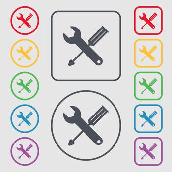 Repair tool sign icon. Service symbol. screwdriver with wrench. Symbols on the Round and square buttons with frame. illustration