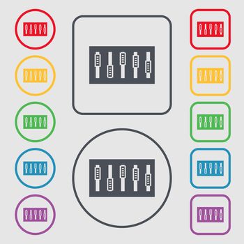 Dj console mix handles and buttons icon symbol. Symbols on the Round and square buttons with frame. illustration