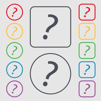 Question mark sign icon. Help symbol. FAQ sign. Symbols on the Round and square buttons with frame. illustration