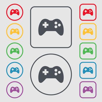 Joystick sign icon. Video game symbol. Symbols on the Round and square buttons with frame. illustration