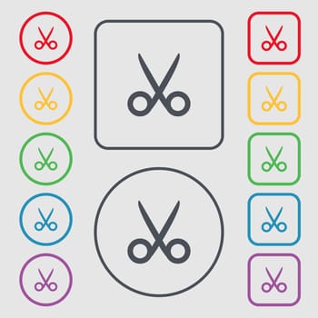 Scissors hairdresser sign icon. Tailor symbol. Symbols on the Round and square buttons with frame. illustration