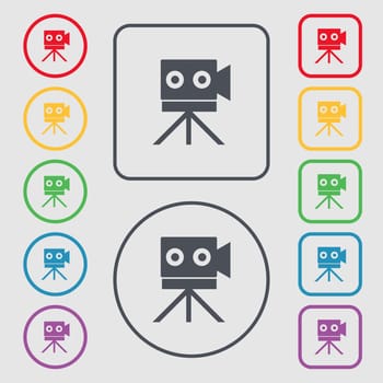 Video camera sign icon.content button. Symbols on the Round and square buttons with frame. illustration