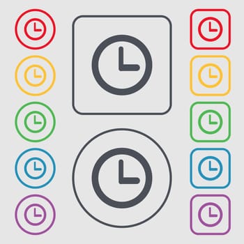 Clock sign icon. Mechanical clock symbol. Symbols on the Round and square buttons with frame. illustration