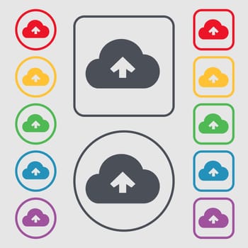 Upload from cloud icon sign. symbol on the Round and square buttons with frame. illustration