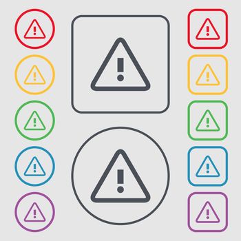 Attention caution sign icon. Exclamation mark. Hazard warning symbol. Symbols on the Round and square buttons with frame. illustration