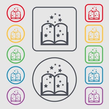 Magic Book sign icon. Open book symbol. Symbols on the Round and square buttons with frame. illustration