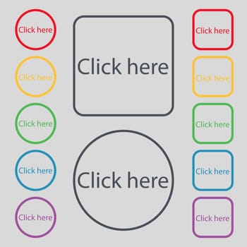 Click here sign icon. Press button. Set of colored buttons. illustration