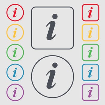 Information, Info icon sign. symbol on the Round and square buttons with frame. illustration