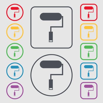 Paint roller sign icon. Painting tool symbol. Symbols on the Round and square buttons with frame. illustration