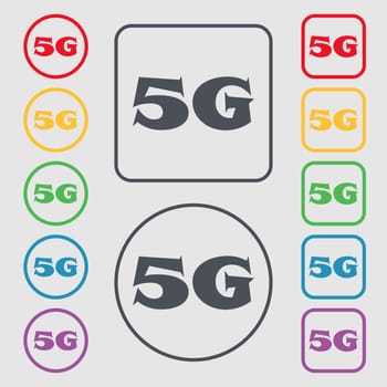 5G sign icon. Mobile telecommunications technology symbol. Symbols on the Round and square buttons with frame. illustration
