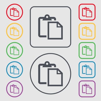 Edit document sign icon. Symbols on the Round and square buttons with frame. illustration