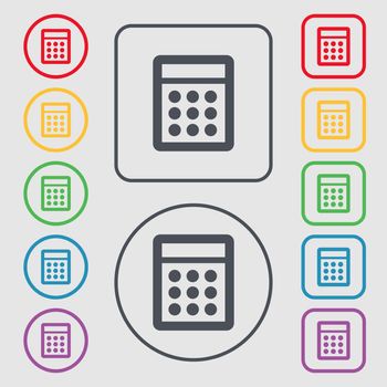 Calculator sign icon. Bookkeeping symbol. Symbols on the Round and square buttons with frame. illustration