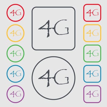 4G sign icon. Mobile telecommunications technology symbol. Symbols on the Round and square buttons with frame. illustration