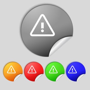 Attention caution sign icon. Exclamation mark. Hazard warning symbol. Set colour buttons illustration