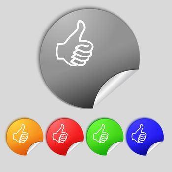 Like sign icon. Thumb up sign. Hand finger up. Set of colored buttons. illustration