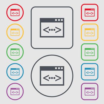 Code sign icon. Programmer symbol. Symbols on the Round and square buttons with frame. illustration