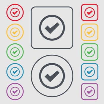 Check mark sign icon . Confirm approved symbol. Symbols on the Round and square buttons with frame. illustration