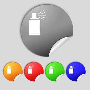 Graffiti spray can sign icon. Aerosol paint symbol. Set of colored buttons. illustration