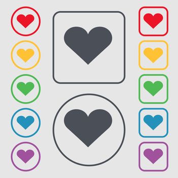 Heart, Love icon sign. symbol on the Round and square buttons with frame. illustration