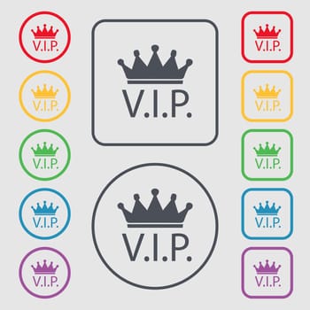 Vip sign icon. Membership symbol. Very important person. Set of colored buttons. illustration