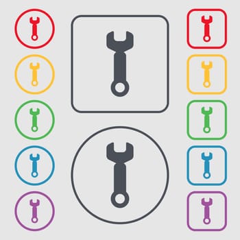 Wrench key sign icon. Service tool symbol. Symbols on the Round and square buttons with frame. illustration